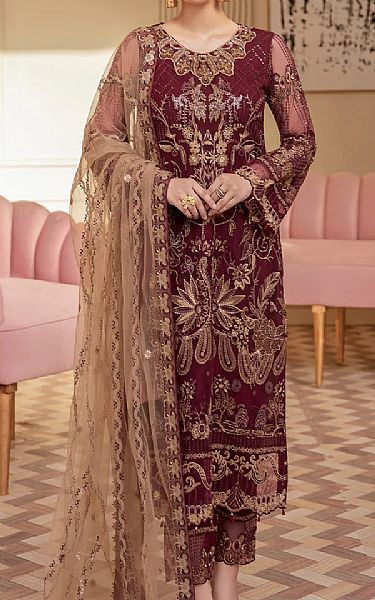 Ramsha Maroon Net Suit | Pakistani Embroidered Chiffon Dresses- Image 1