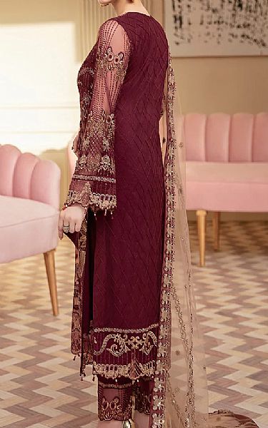 Ramsha Maroon Net Suit | Pakistani Embroidered Chiffon Dresses- Image 2