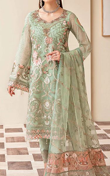 Ramsha Mint Green Organza Suit | Pakistani Embroidered Chiffon Dresses- Image 1