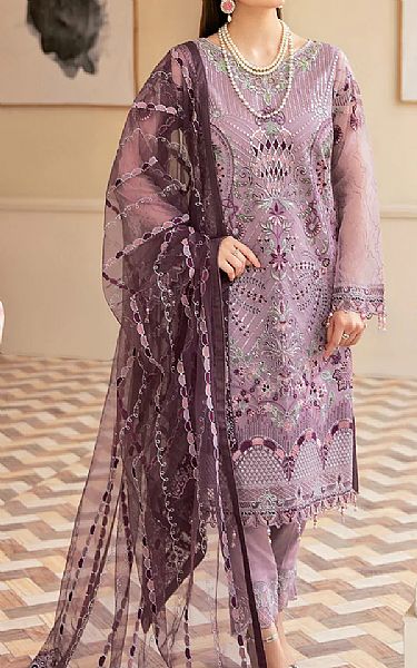 Ramsha Mauve Organza Suit | Pakistani Embroidered Chiffon Dresses- Image 1