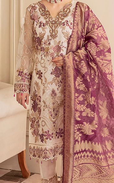Ramsha Off-white Organza Suit | Pakistani Embroidered Chiffon Dresses- Image 1