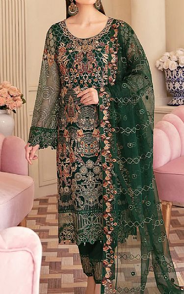 Ramsha Green Net Suit | Pakistani Embroidered Chiffon Dresses- Image 1