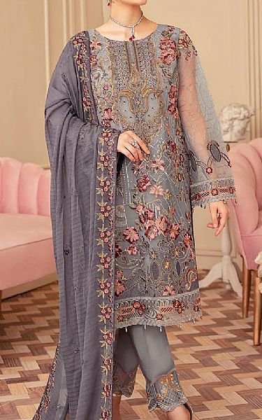 Ramsha Slate Grey Net Suit | Pakistani Embroidered Chiffon Dresses- Image 1