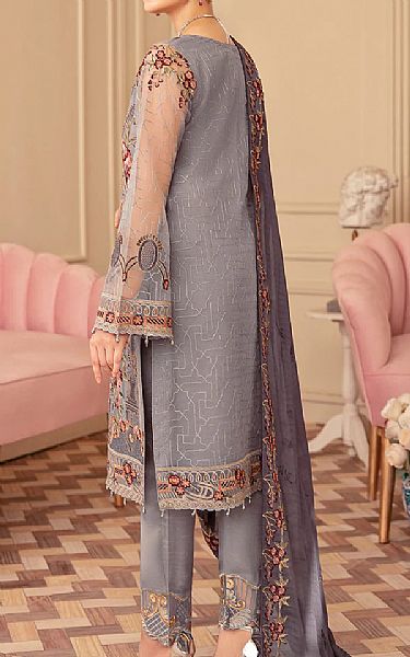 Ramsha Slate Grey Net Suit | Pakistani Embroidered Chiffon Dresses- Image 2