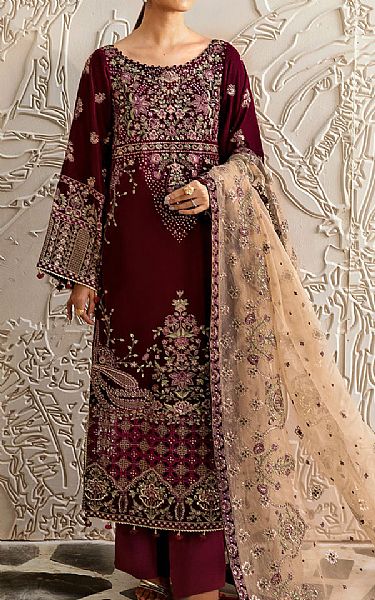 Ramsha Burgundy Velvet Suit | Pakistani Winter Dresses in USA- Image 1