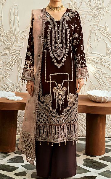 Ramsha Brown Velvet Suit | Pakistani Winter Dresses in USA- Image 1