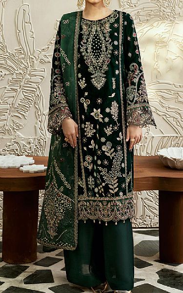 Ramsha Dark Green Velvet Suit | Pakistani Winter Dresses in USA- Image 1
