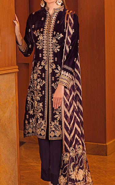 Ramsha Plum Velvet Suit | Pakistani Winter Dresses- Image 1