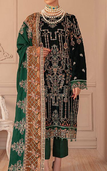 Ramsha Green Velvet Suit | Pakistani Winter Dresses- Image 1