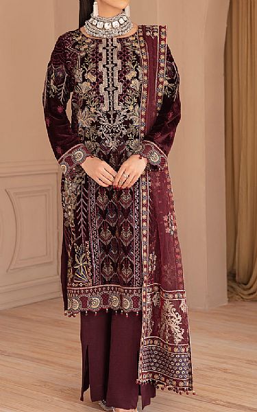 Ramsha Burgundy Velvet Suit | Pakistani Winter Dresses- Image 1