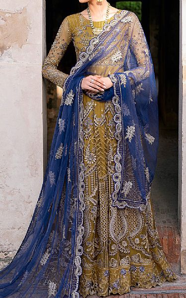 Ramsha Olive Green Net Suit | Pakistani Embroidered Chiffon Dresses- Image 1