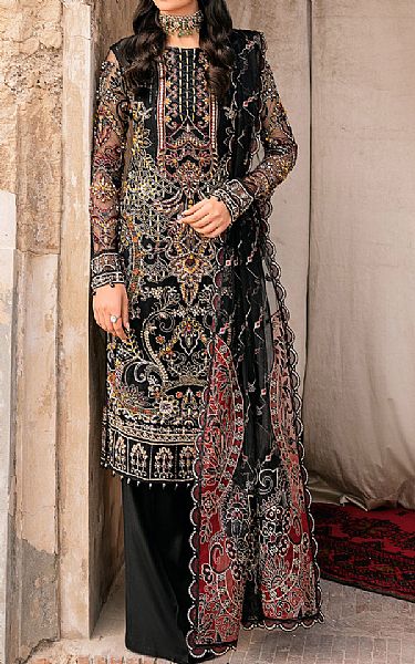 Ramsha Black Net Suit | Pakistani Embroidered Chiffon Dresses- Image 1