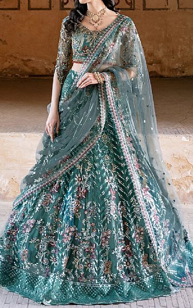 Ramsha Teal Net Suit | Pakistani Embroidered Chiffon Dresses- Image 1