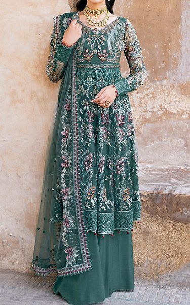 Ramsha Teal Net Suit | Pakistani Embroidered Chiffon Dresses- Image 1