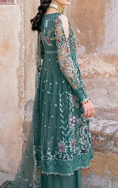 Ramsha Teal Net Suit | Pakistani Embroidered Chiffon Dresses- Image 2