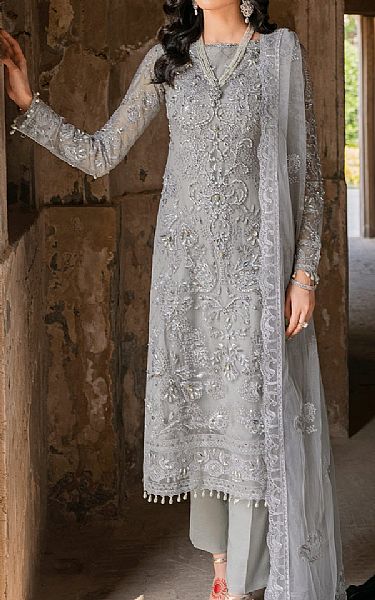 Ramsha Slate Grey Net Suit | Pakistani Embroidered Chiffon Dresses- Image 1