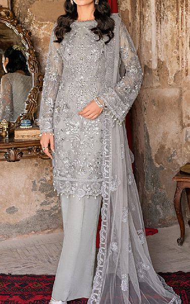 Ramsha Slate Grey Net Suit | Pakistani Embroidered Chiffon Dresses- Image 1