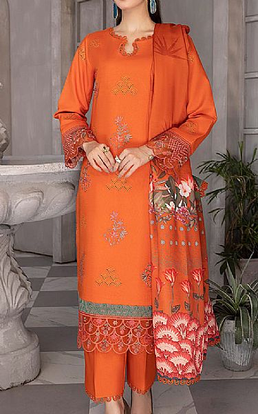 Rang Rasiya Bright Orange Linen Suit | Pakistani Winter Dresses- Image 1