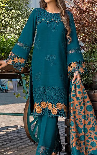 Rang Rasiya Dark Teal Linen Suit | Pakistani Winter Dresses in USA- Image 1