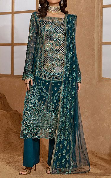 Rang Rasiya Teal Chiffon Suit | Pakistani Embroidered Chiffon Dresses USA- Image 1