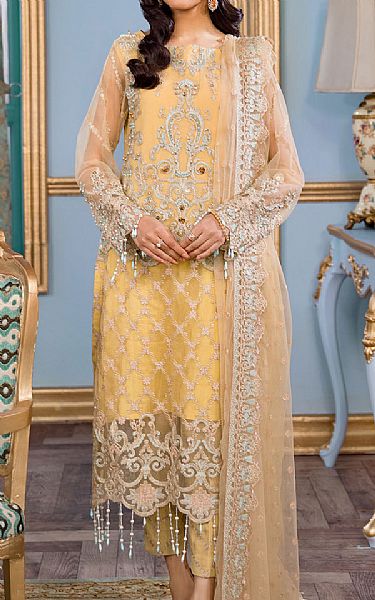 Reign Light Golden Net Suit | Pakistani Embroidered Chiffon Dresses- Image 1
