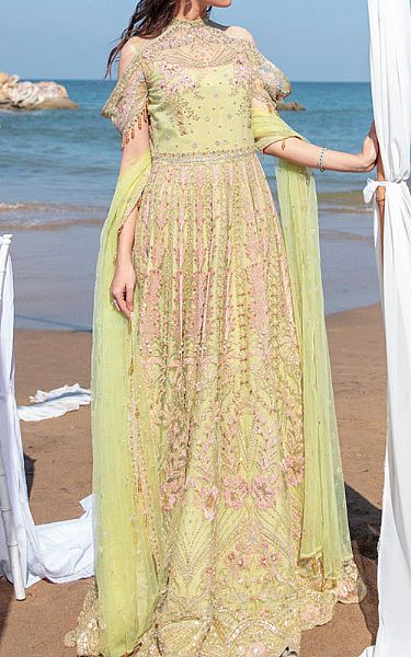 Reign Lime Green Net Suit | Pakistani Embroidered Chiffon Dresses- Image 1