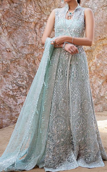 Reign Silver/Turquoise Net Suit | Pakistani Embroidered Chiffon Dresses- Image 1