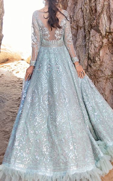 Reign Silver/Turquoise Net Suit | Pakistani Embroidered Chiffon Dresses- Image 2