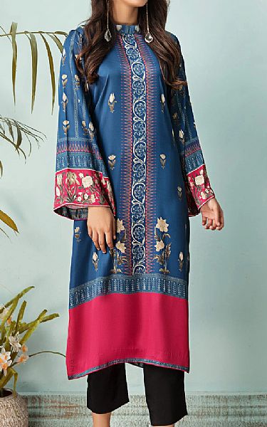 Denim Blue Satin Silk Kurti | Resham Ghar Pakistani Chiffon Dresses