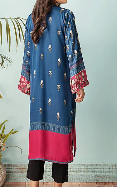 Denim Blue Satin Silk Kurti | Resham Ghar Pakistani Chiffon Dresses