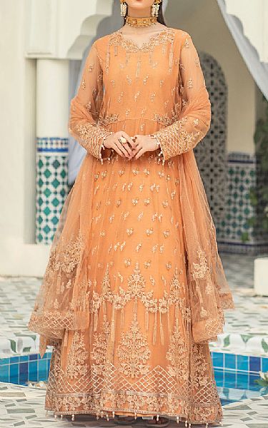 Resham Ghar Safety Orange Net Suit | Pakistani Embroidered Chiffon Dresses- Image 1
