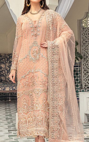 Resham Ghar Peach Net Suit | Pakistani Embroidered Chiffon Dresses- Image 1