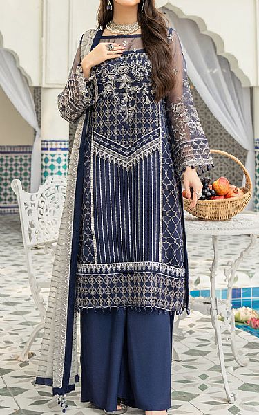 Resham Ghar Silver/Blue Organza Suit | Pakistani Embroidered Chiffon Dresses USA- Image 1