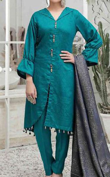 Riaz Arts Teal Linen Suit | Pakistani Dresses in USA- Image 1