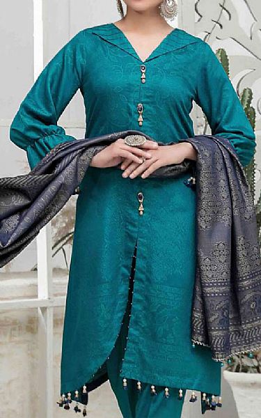 Riaz Arts Teal Linen Suit | Pakistani Dresses in USA- Image 2