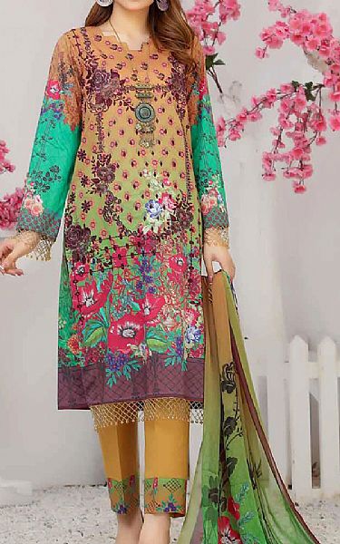 Riaz Arts Orange/Sea Green Lawn Suit | Pakistani Dresses in USA- Image 1
