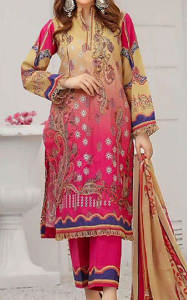 Riaz Arts Sand Gold/Magenta Lawn Suit | Pakistani Dresses in USA- Image 1