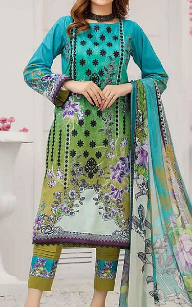 Riaz Arts Cyan/Apple Green Lawn Suit | Pakistani Dresses in USA- Image 1