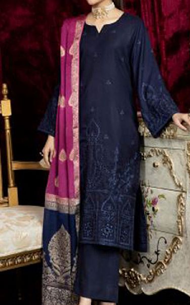 Riaz Arts Navy Blue Leather Suit | Pakistani Dresses in USA- Image 1