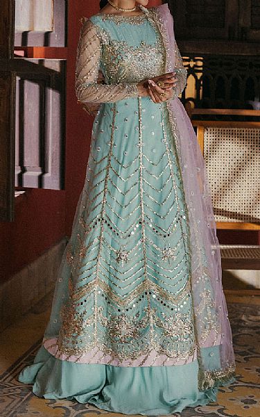 Roheenaz Turquoise Net Suit | Pakistani Embroidered Chiffon Dresses USA- Image 1