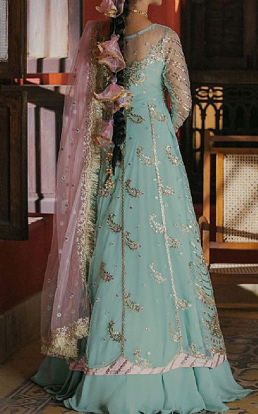 Roheenaz Turquoise Net Suit | Pakistani Embroidered Chiffon Dresses USA- Image 2