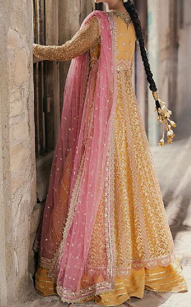 Roheenaz Golden/Pink Net Suit | Pakistani Embroidered Chiffon Dresses USA- Image 3