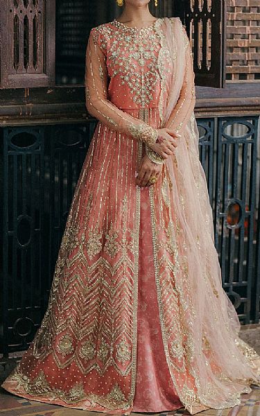 Roheenaz Peach/Gold Net Suit | Pakistani Embroidered Chiffon Dresses USA- Image 1