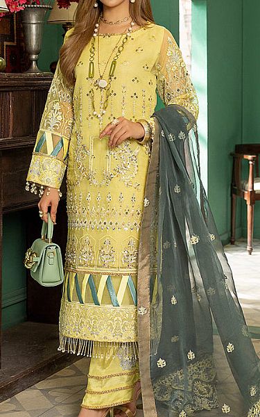Rungrez Lime Green Organza Suit | Pakistani Embroidered Chiffon Dresses- Image 1