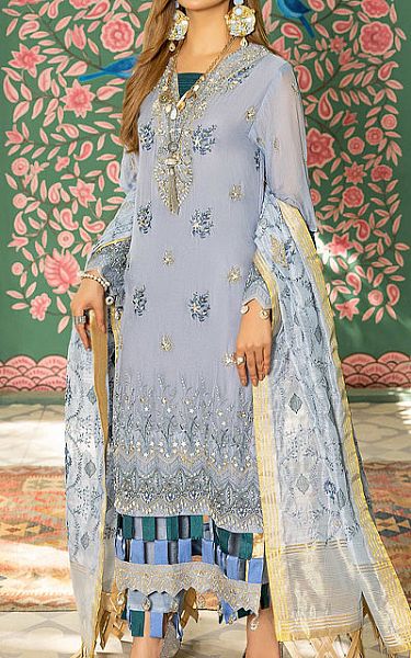 Rungrez Cool Grey Organza Suit | Pakistani Embroidered Chiffon Dresses- Image 1