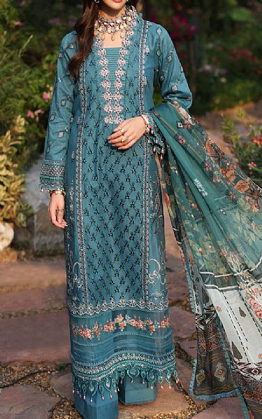 Saadia Asad Teal Blue Lawn Suit | Pakistani Lawn Suits- Image 1