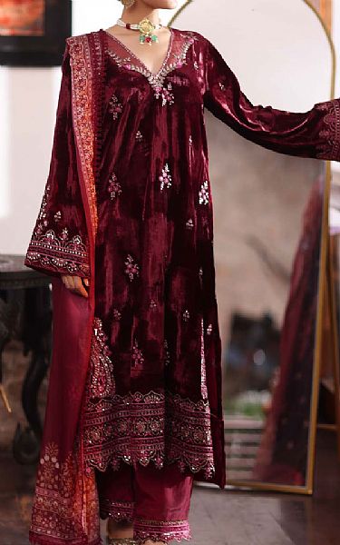 Saadia Asad Burgundy Velvet Suit | Pakistani Winter Dresses in USA- Image 1