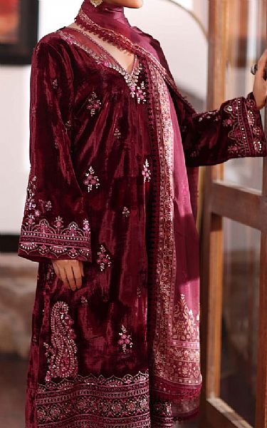 Saadia Asad Burgundy Velvet Suit | Pakistani Winter Dresses in USA- Image 2