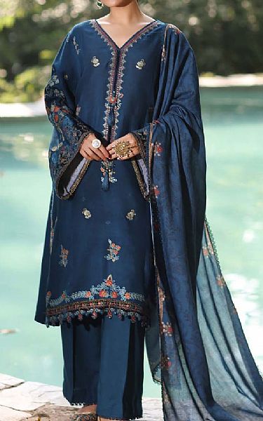 Saadia Asad Teal Blue Linen Suit | Pakistani Winter Dresses in USA- Image 1