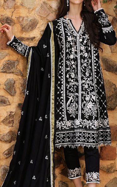 Saadia Asad Black/White Linen Suit | Pakistani Winter Dresses- Image 1